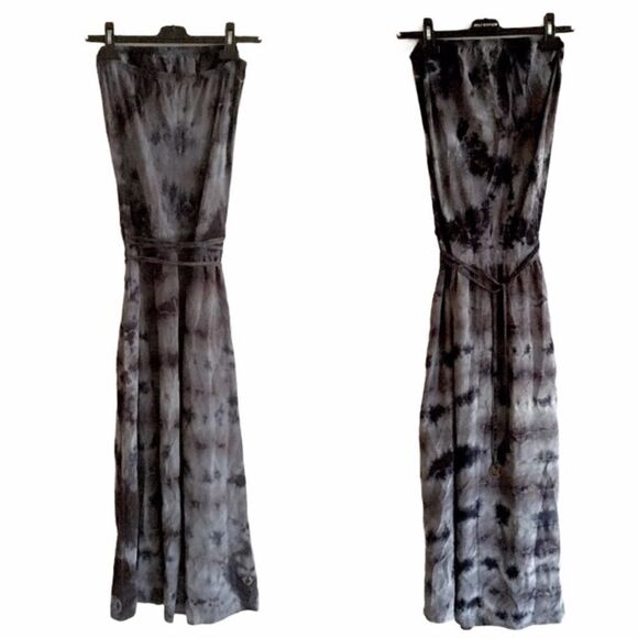 GYPSY 05 silk tie-Dye boho strapless maxi dress blue grey M - Picture 2 of 8